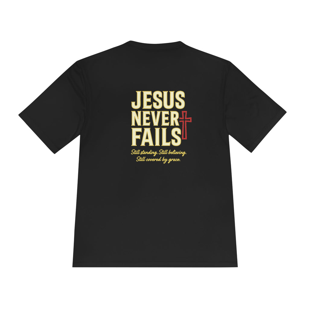 Jesus Never Fails Tee — Christian Faith Graphic Shirt