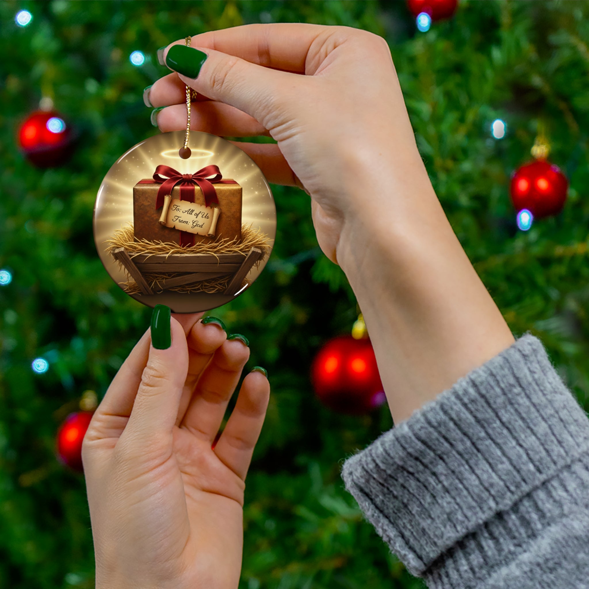 Christmas Ceramic Ornament - Gift Box Design for Holiday Decor