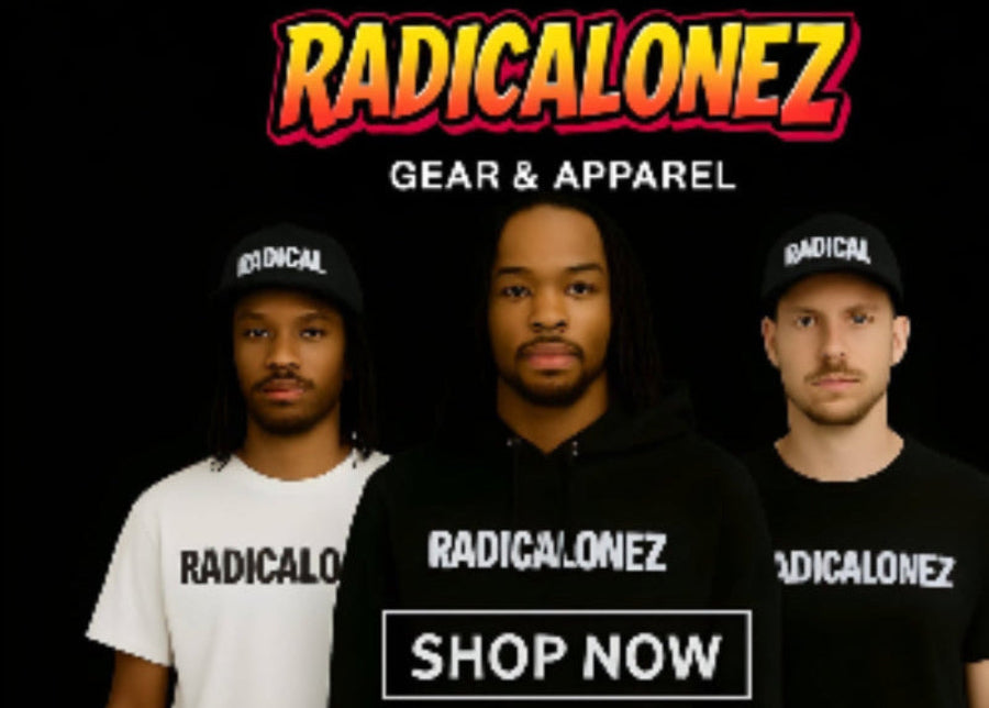Three people wearing Radicalonez gear with the brand name displayed prominently.